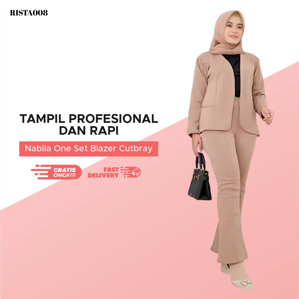 One Set Pakaian Formal Jas Blazer Scuba Dan Celana Cutbray Polos Wanita Kekinian