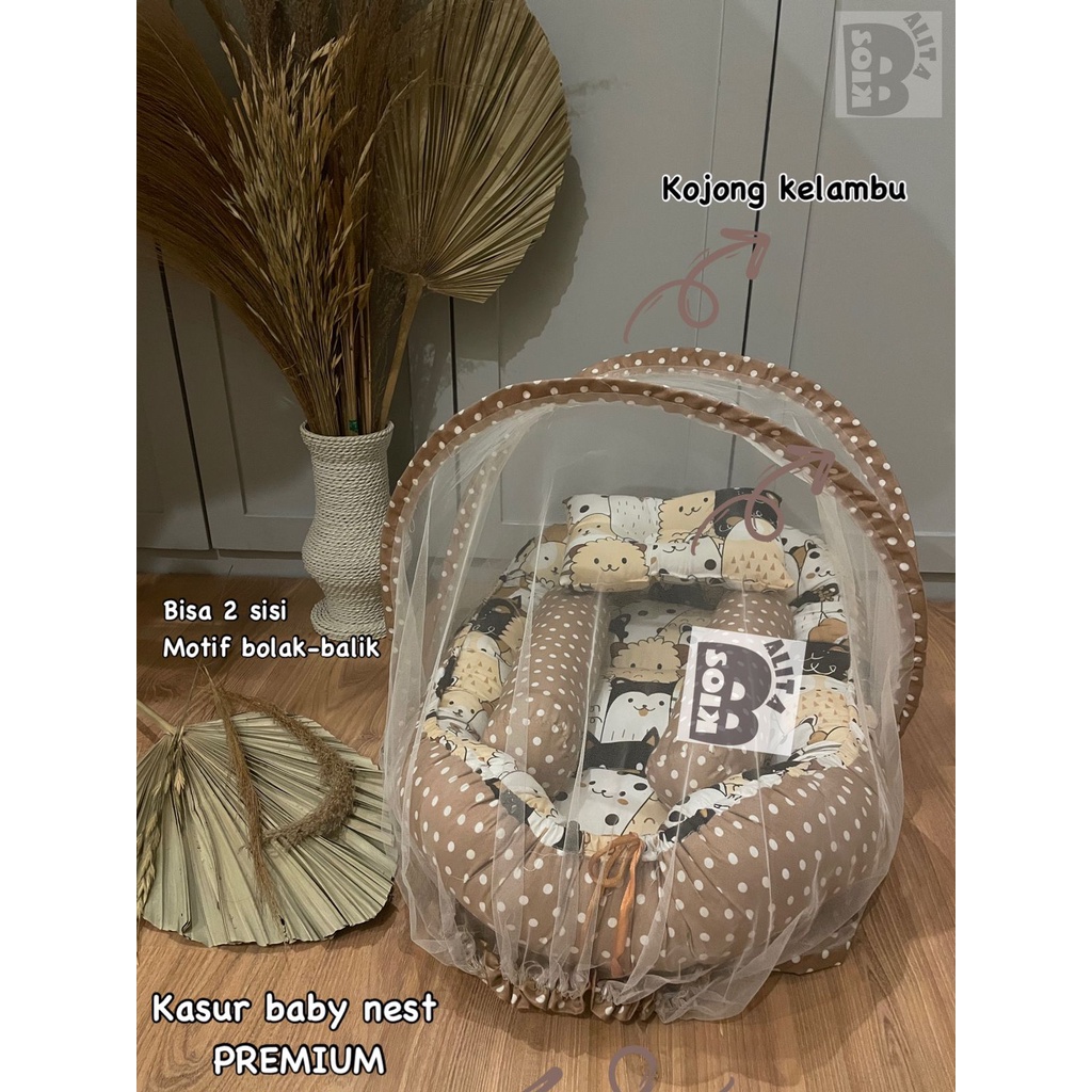 KASUR BAYI BABY NEST PREMIUM DENGAN KELAMBU + FREE BANTAL PEYANG DAN GULING BAYI (BISA 2 SISI MOTIF BOLAK BALIK)