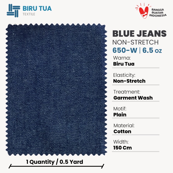 Kain Bahan Blue Jeans 650-W Washed 6,5 Oz / Kain Denim / Denim Biru