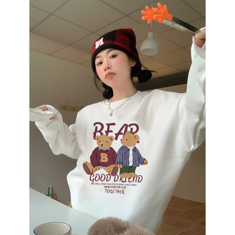 EUNII Sweater Lengan Panjang Red Cartoon Plush Bear Korean Style/Sweater Crop/Baju Wanita/Switer Wanita/Switer