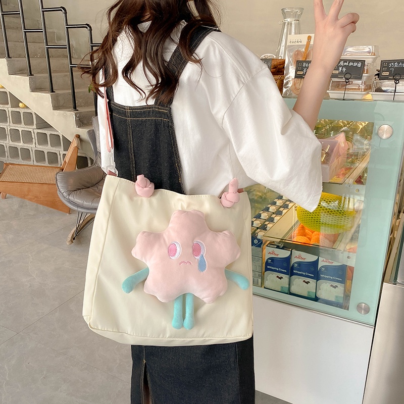 □₪♣Sera Canvas Big Bag Girls Cute Flowers Diagonal Student Class Shoulder Bag Korean Style Literary Girl Serbaguna Commuter Bag