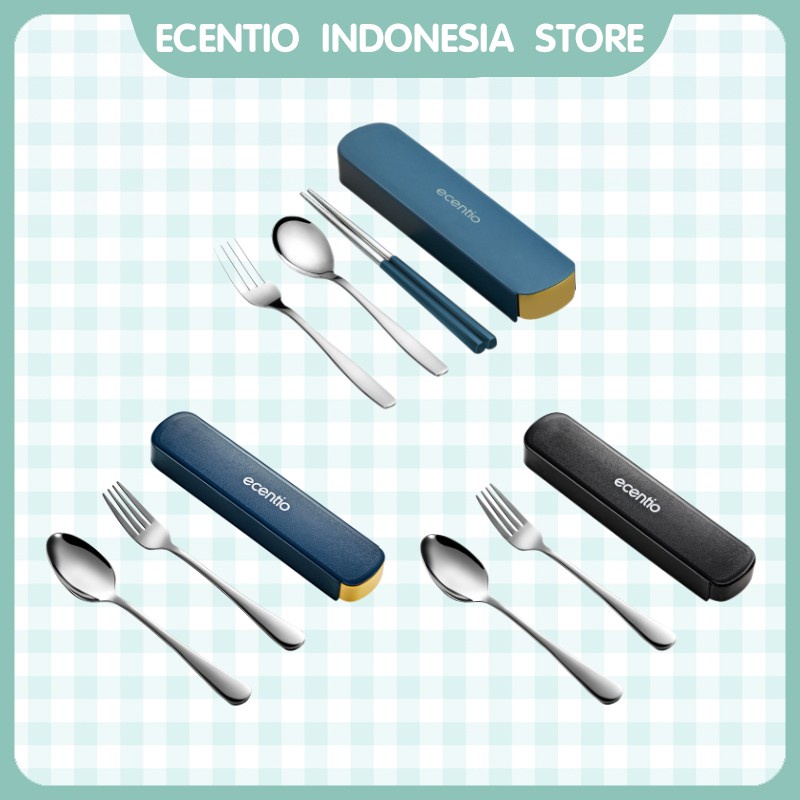 ecentio 2/3Pcs Stainless Steel Sendok Garpu Set Alat Makan Makan Dengan Sumpit Spoon  Sendok Makan