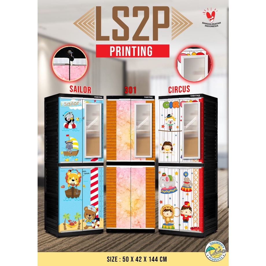Lemari Pakaian Plastik Tabitha 2 pintu Kaca Cermin LS2P Printing Karakter KUNCI