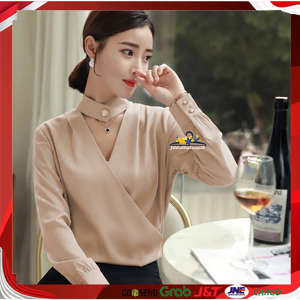 JCCollections Blouse Korea Style Satin Velvet leher tinggi Wanita Gaya Korea Lengan Panjang Minna