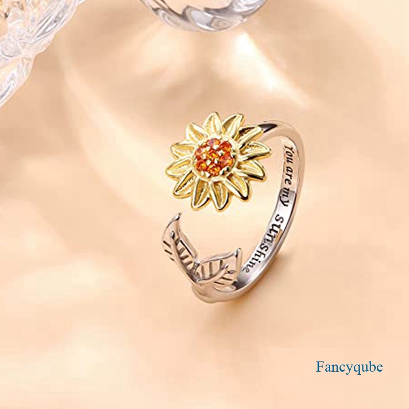 Fidget Anxiety Ring For Women Sunflower Spinner Ring Open Adjustable Fidget Rings For Anxiety Relieve Stress Cubic Zirconia Flower Moon Star Stackable Rings