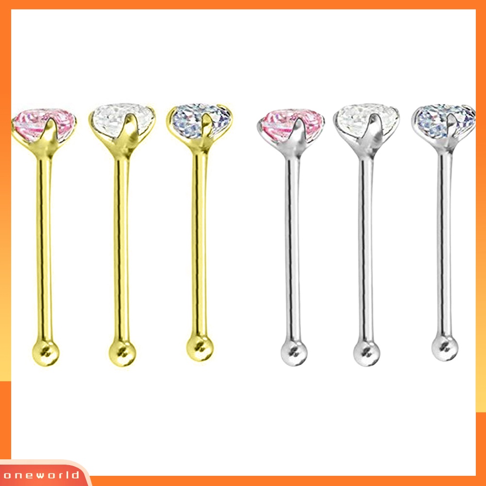 [oneworld] 3pcs/set Wanita Cubic Zirconia Stainless Steel Hidung Studs Perhiasan Tindik Tubuh