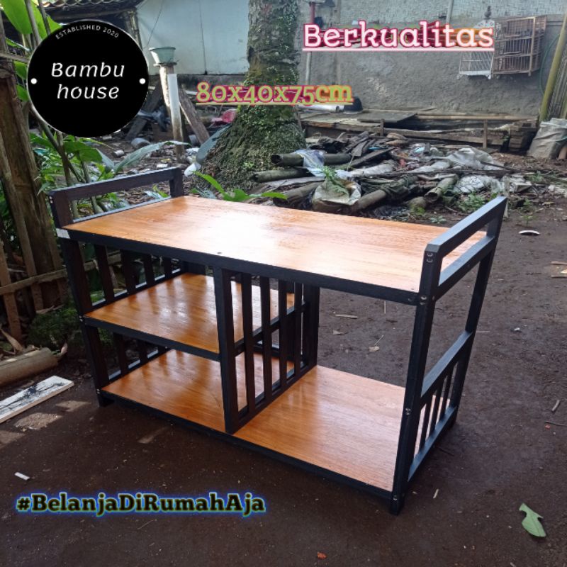 Meja Rak Kayu Kompor Gas 2 Tungku jari hitam / Meja Tempat Bumbu Dapur Serbaguna