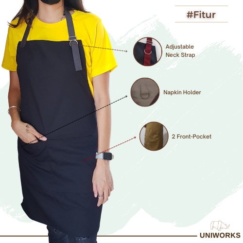 UNIWORKS Apron Barista Seri V01M02 Bahan American Drill Kombinasi 6 Warna Panjang 90cm