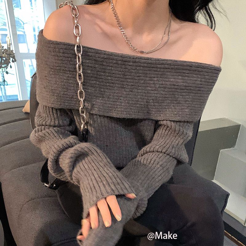 Red [Keinginan Kecil] Sweater Rajut Lengan Panjang Temperamen Gaya Wanita Slim Chic Sweater Off-The-Shoulder Wanita Menebal