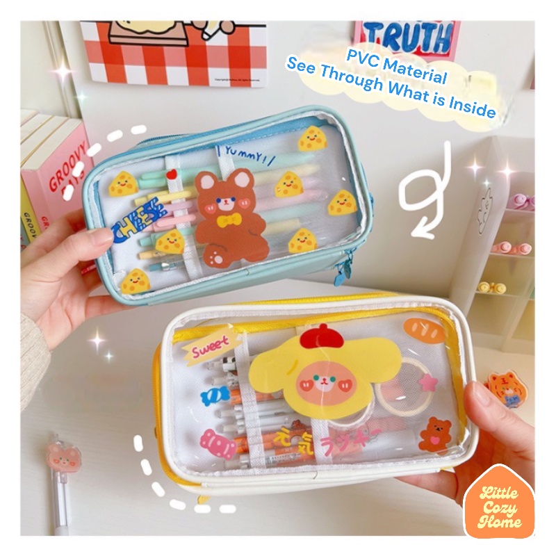 Kawaii Jumbo Transparent Pencil Case Desain Baru / Korean Style Kotak Tempat Pensil Besar Dengan Resleting / Muat Banyak / Big Capacity With Zipper