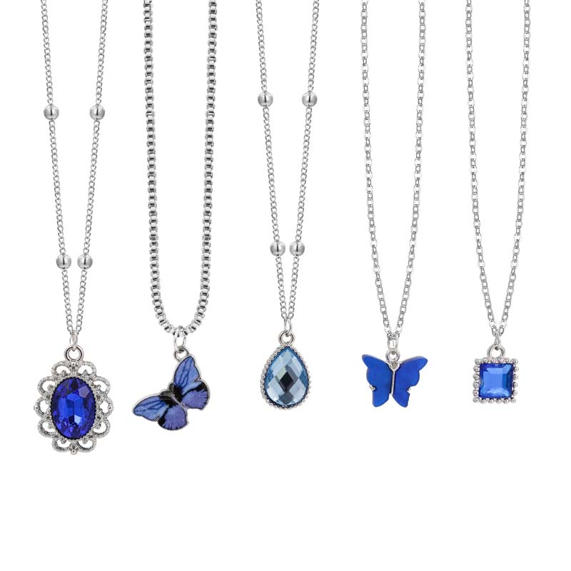 YEEZII Set Kalung Rantai Liontin Permata Warna-Warni Hati Butterfly Silver Choker Necklace Untuk Wanita Fashion Aksesoris Perhiasan