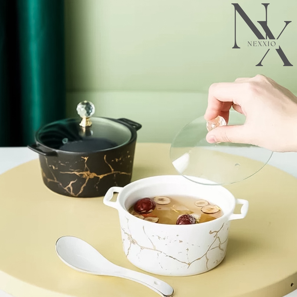 NexXio BEST PRODUK Small Canada Bowl + Lid / Mangkok Marbel Dengan Tutup Emas Mewah