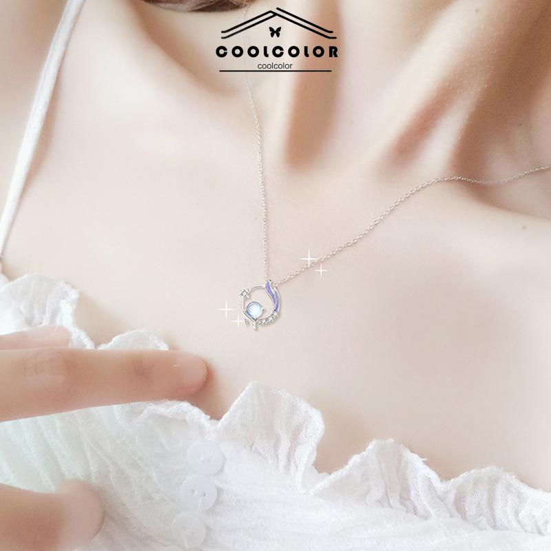 COD❤️Kalung Rantai Klavikula Liontin Moonstone Gaya Korea Silver Untuk Wanita Aksesoris Perhiasan- cl
