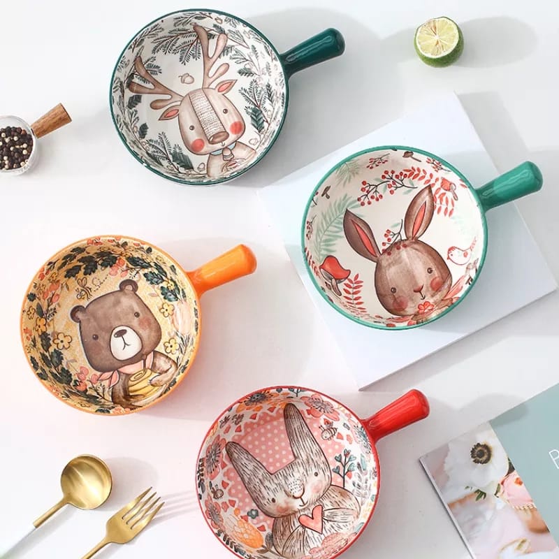 Mangkok Keramik Nordic dengan Pegangan Sarapan Mie Buah Mangkuk Desain Hewan Lucu