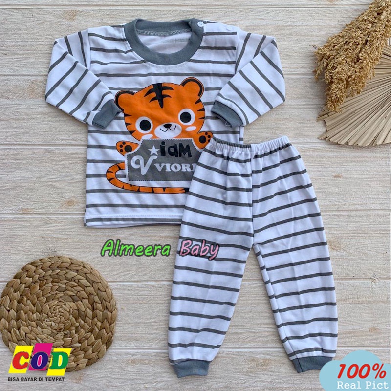 Setelan Baju Bayi Piyama Bayi Lengan Panjang Kancing Pundak Motif Tiger Usia 3-12 Bulan Anababy