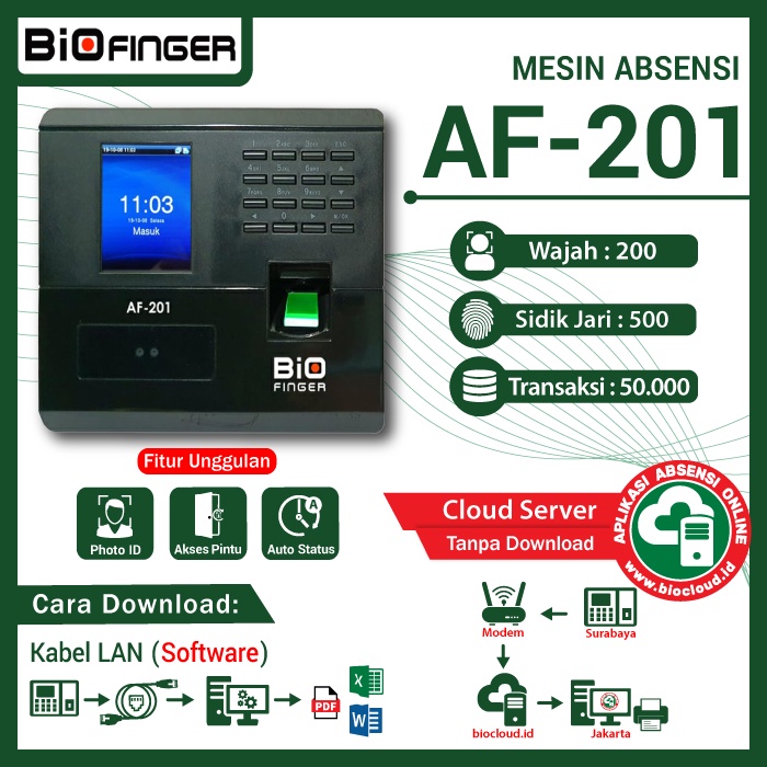 Mesin Absensi Wajah BioFinger AF-201, LAN, Cloud, Notif WA, OnLine, HP