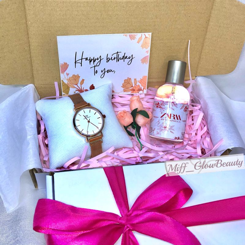 (Miffglow - Jam parfum) HAMPERS I KADO I GIFT BOX JAM TANGAN RANTAI PASIR MURAH jam tangan magnet hampers unik kado ulang tahun hampers simple mini scarlett whitening parfum boneka kado pacar kado sahabat Box hampers kotak hampers natal