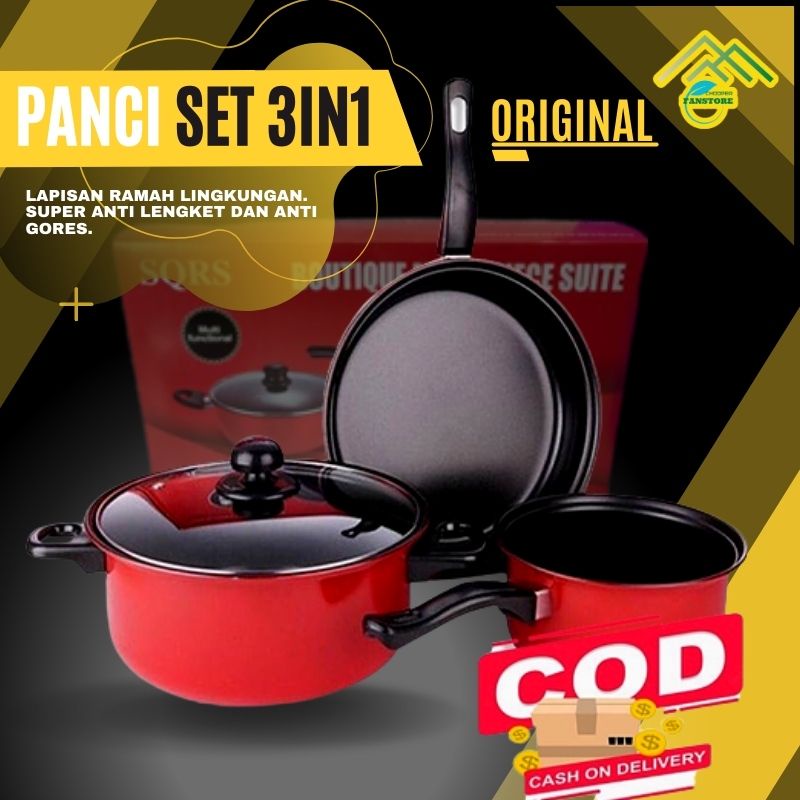 COD Panci Wajan Set Isi 3 Pcs SQRS Panci Teplon Presto Wajan Anti Lengket 1 Set Bahan Teflon CP53