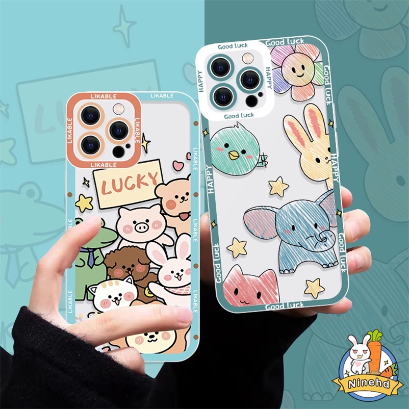 Casing Compatible for Iphone 14 13 12 11 Pro Max Xr Xs Max 7 8 Plus SE 2020 Gambar Kartun Lucu Cute Happy Cartoon Animal Four-corner Anti-drop Anti-dirty Soft  TPU Phone Case