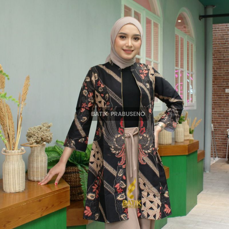 Batik Prabuseno Wanita Lengan Panjang Atasan Tunik  Motif Cendana Katun Printing Premium Zipper depa