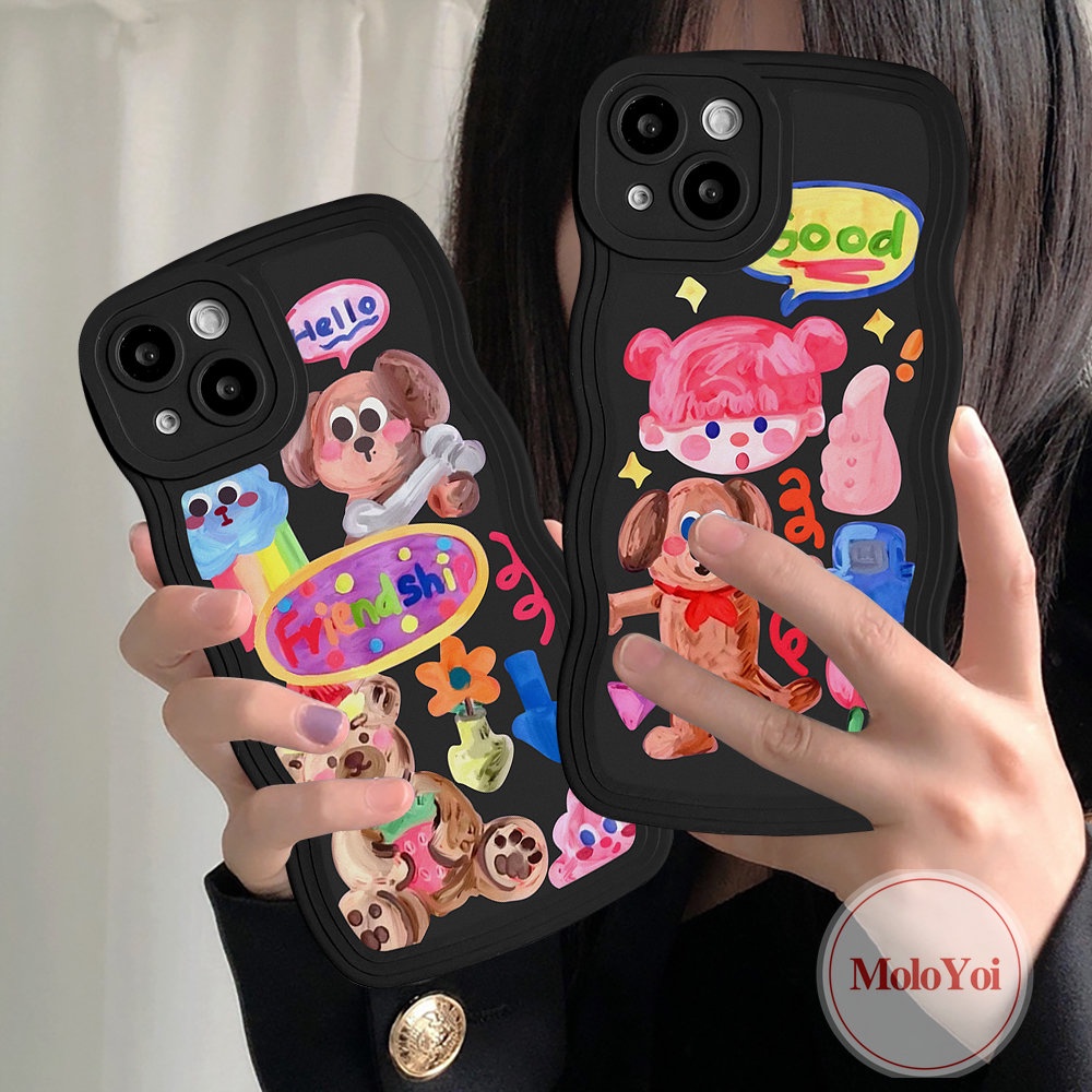 IPHONE Pasangan Kartun Graffiti Case Kompatibel Untuk Iphone11 14 6 6s 8 7 Plus 13 12 Pro Max 14 Plus XR X XS Max SE 2020 Anjing Lucu Populer Gadis Lucu Stiker Tepi Bergelombang Lembut Casing Ponsel TPU