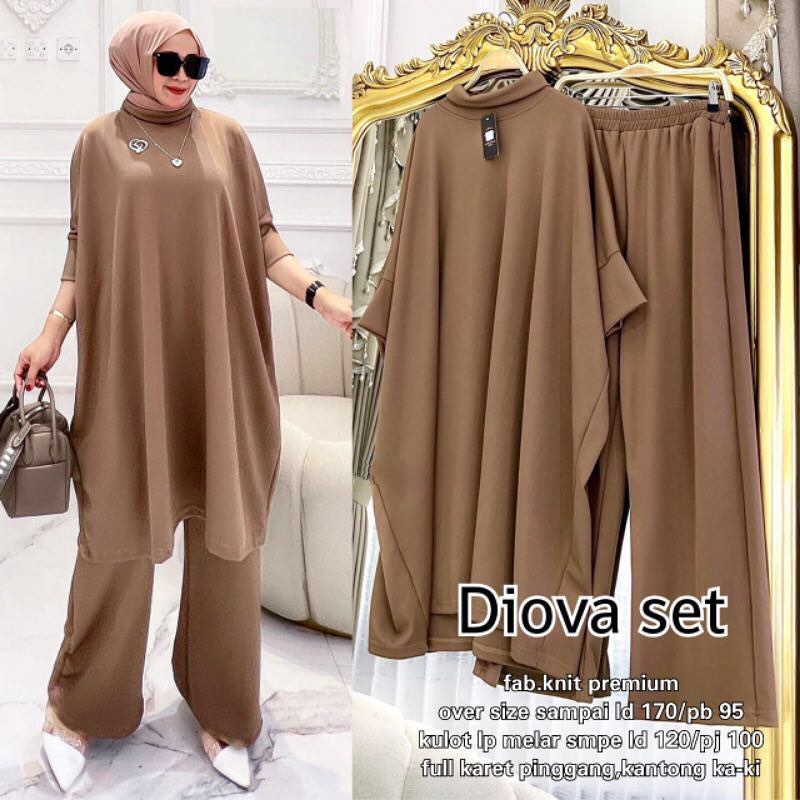 Diova One Set Jumbo Ld 120-170 cm Setelan Tunik Dan Celana Bahan Knit Premium Baju Setelan Wanita Kekinian Diora Set
