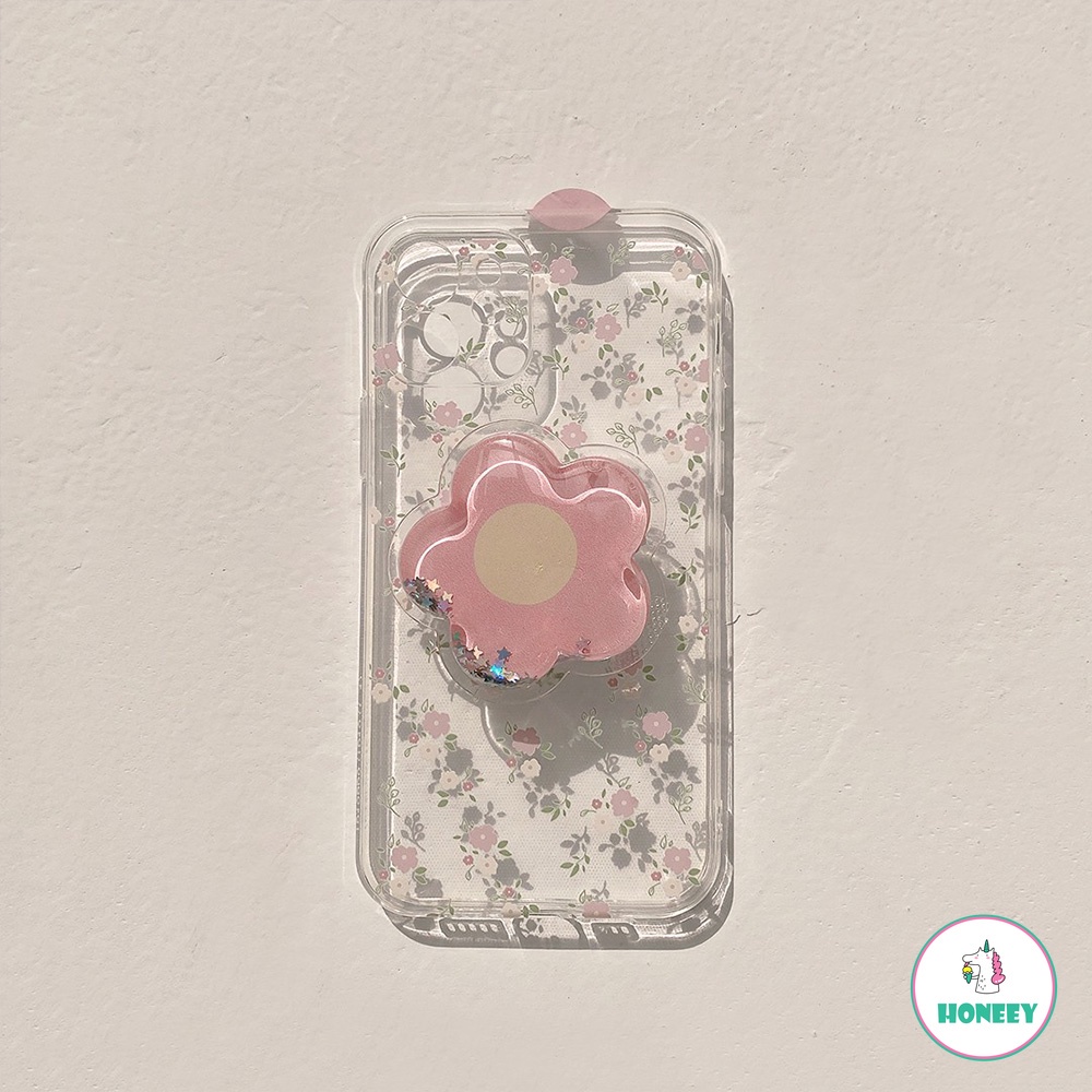 Spring Flower Sequin Quicksand Stand Holder Phone Case Kompatibel Untuk IPhone 14 13 12 11 Pro Max Clear Stand Mount Shockproof Soft TPU Back Phone Cover