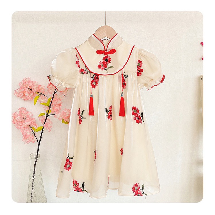 Dress Anak Perempuan Cheonsam Satin Merah Cream Mutiara Impor Premium