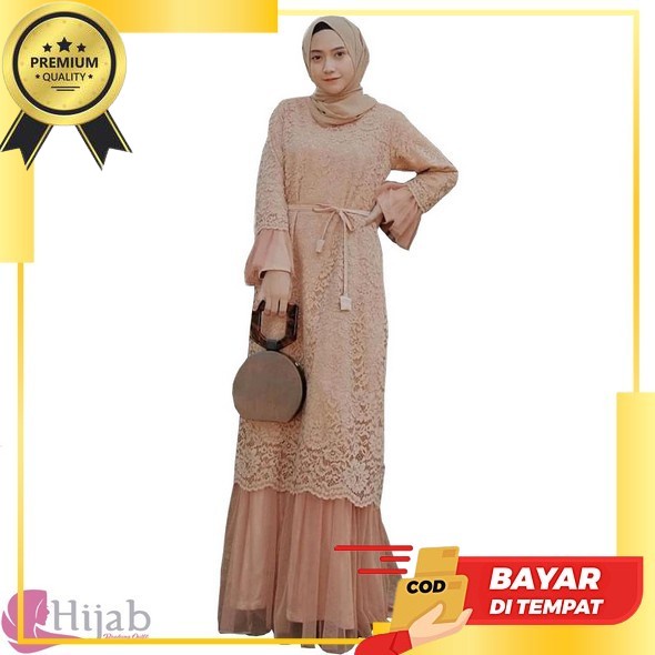 Alcavella Dress Couple Baju Gamis Brukat Tile Remaja Dewasa Seragam Pesta Keluarga Wanita Muslim - A