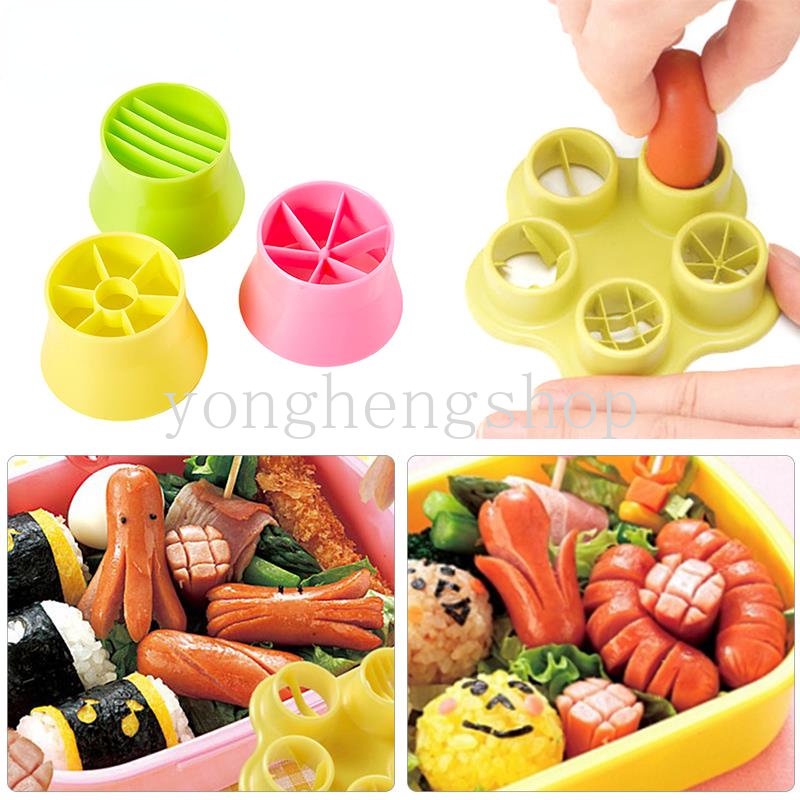 5 In 1 Cetakan Pemotong Sosis / Hot Dog / Daging Ham / Barbecue / Bento Bentuk Bunga / Gurita / Kepiting DIY