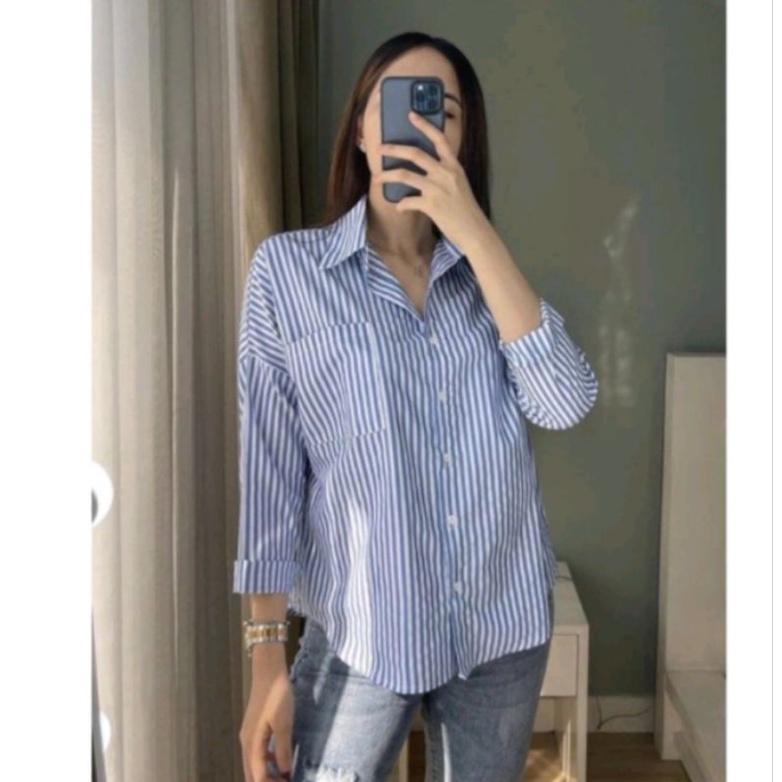 kemeja Terbaru katun salur /kemeja wanita long sleeve/shirt pocket