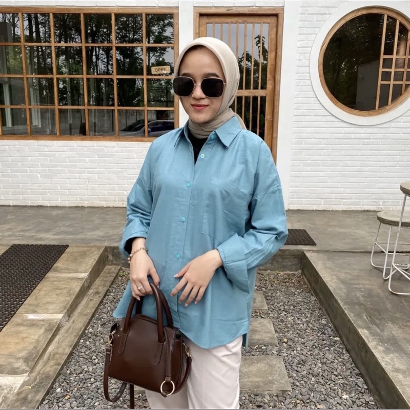 Kemeja Olivia Shirt Korea Style Linen / Atasan Wanita Bahan Linen Oversize / Kemeja wanita oversize