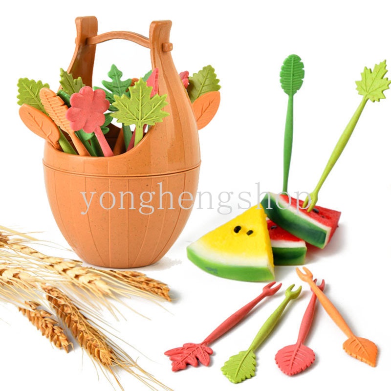 16pcs / set Garpu Buah / Kue / Salad / Snack Bentuk Daun Untuk Dekorasi Meja