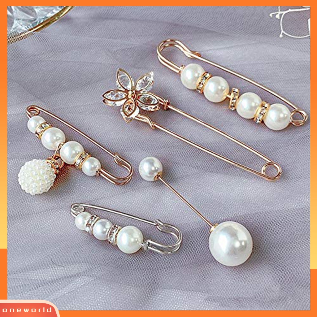 {oneworld} 5pcs Wanita Mutiara Imitasi Pin Besar Hias Bros Perempuan Pinggang Pakaian Klip