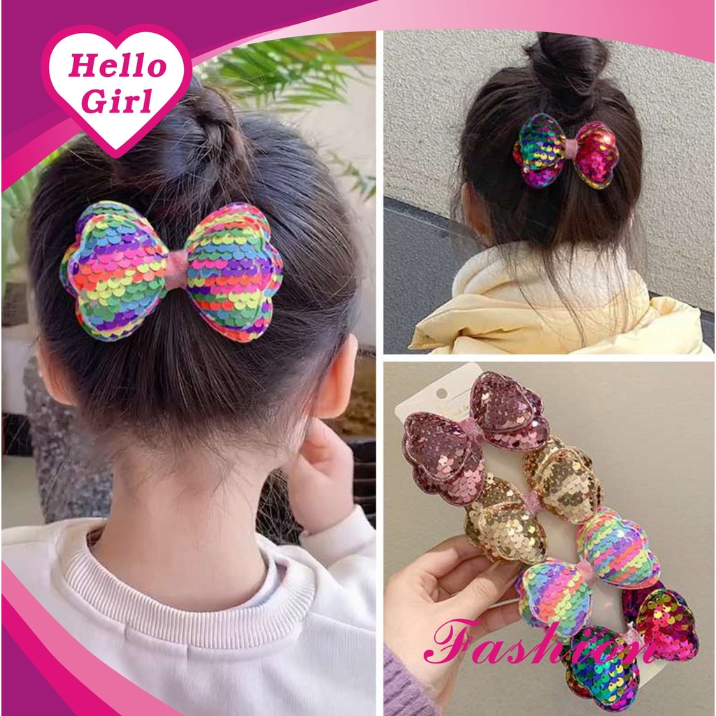(Hello Girl)F182 Jepit Rambut Anak Pita Simpul Manik Manik Kilau Gaya Korea Import