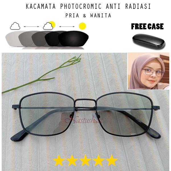 Kacamata Photocromic Anti Radiasi Wanita Pria Frame Besi Kotak Kacamata Lensa Berubah Warna Kekinian Unisex FREECASE