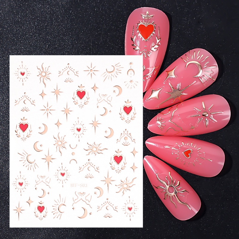 Stiker Nail Art Reflektif Bronzing 3D/Sun Moon Stars Hearts Self-adhensive Nail Decals