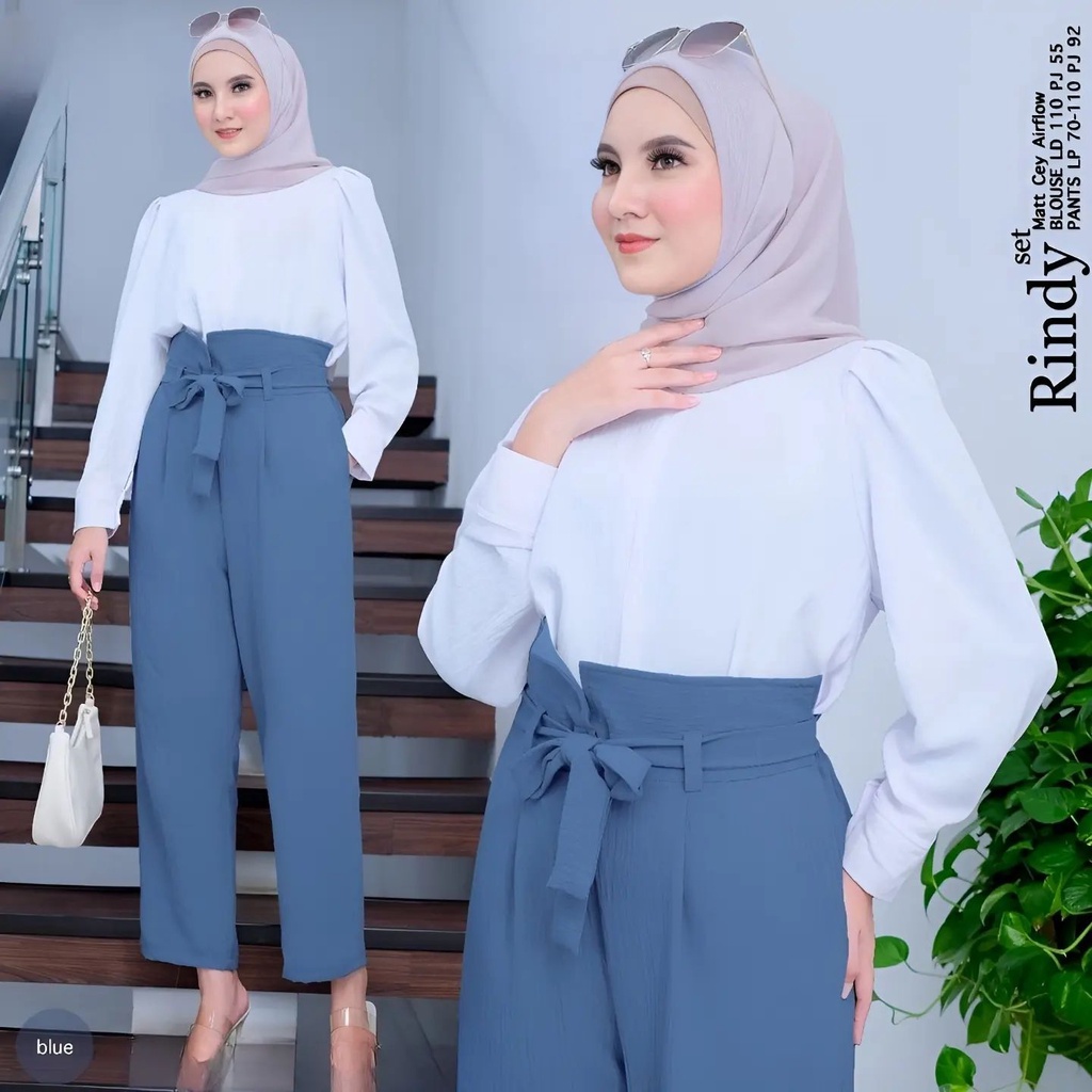 Baju Set Wanita Rindy Setelan Terbaru Pakaian Kerja Fashion Muslim Kasual Blouse Pants Atasan Blus C