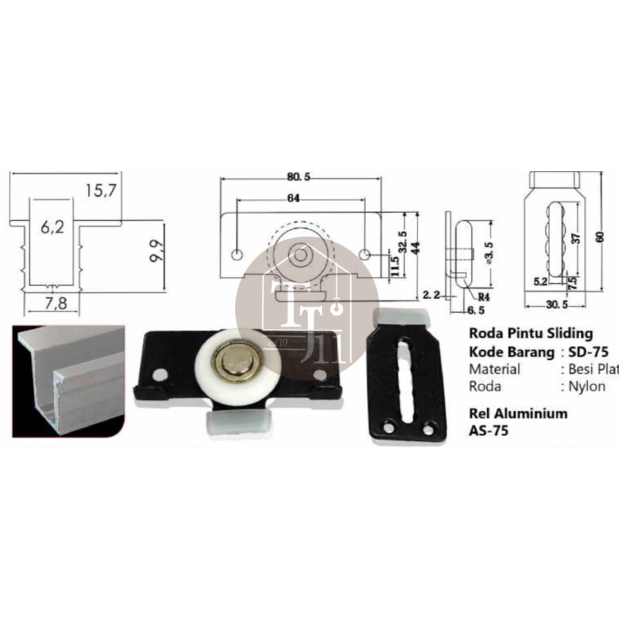 Roda Pintu Sliding HUBEN SD-753/Roda Pintu Lemari Geser HUBEN SD 753/Roda Pintu Rel Sliding Aluminium HUBEN AS-75