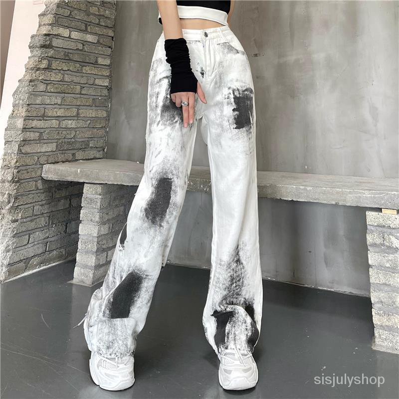 #Sisjuly# Jeans tertekan tie-dye berkaki lurus berkaki lurus wanita ukuran besar pinggang tinggi lon
