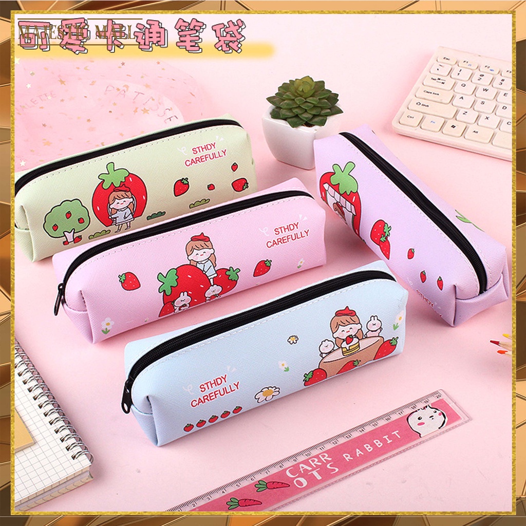 

® Tas Pensil Tempat Alat Tulis Motif Strawberry Bahan PU Japanese Style Import COD