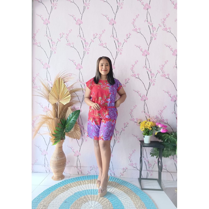 One Set Setelan Rayon Celana Pendek Wanita Jumbo Bordir