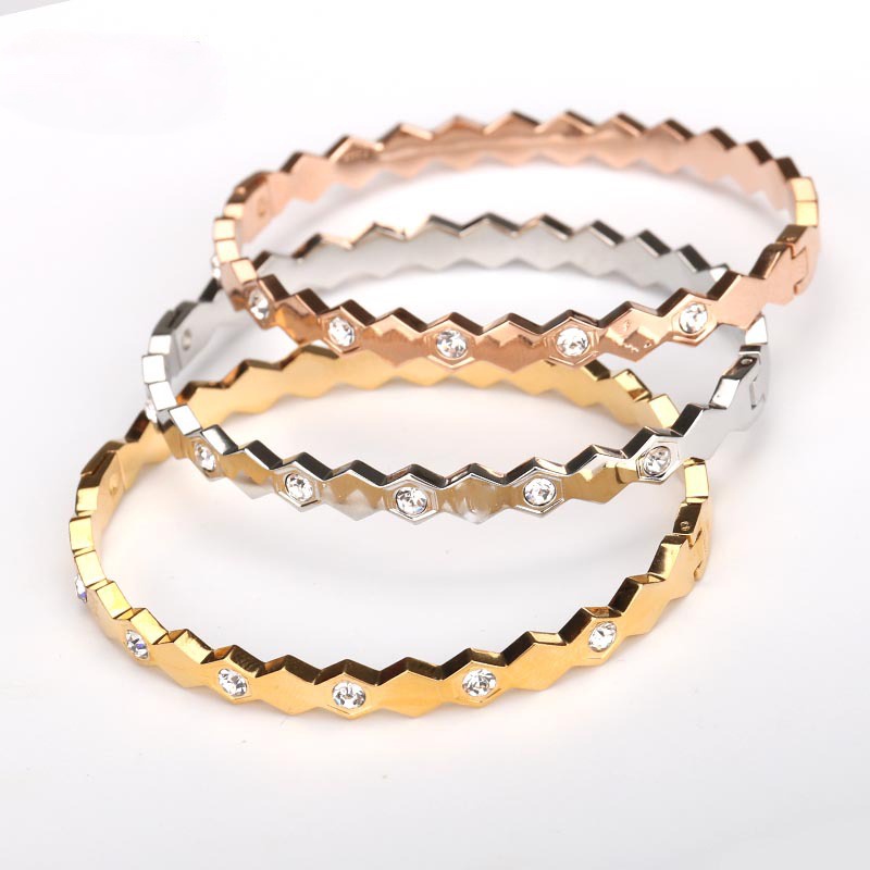 Gelang bangle HEXAGONAL ZIRCON titanium kualitas import korea anti karat