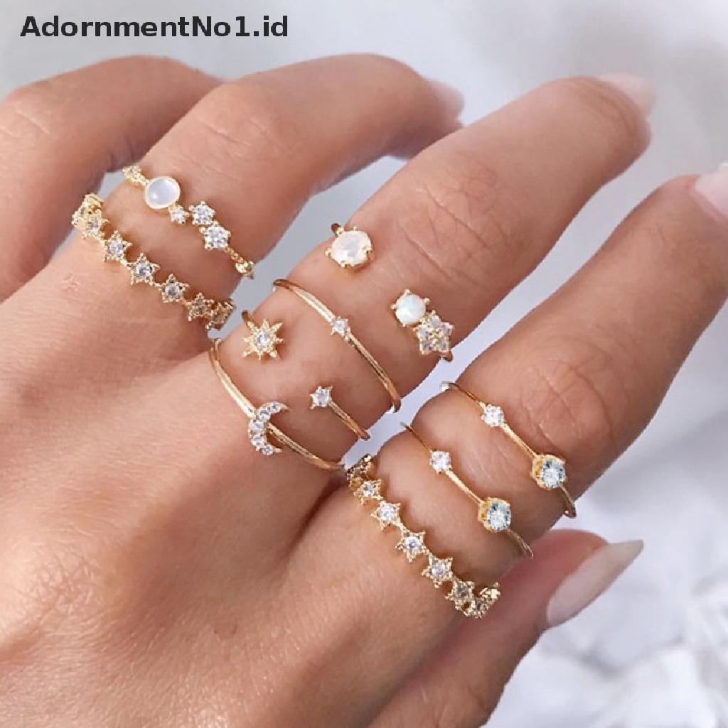 [AdornmentNo1] 9pcs Vintage Kristal Bintang Bulan Cincin Set Wanita Boho Jari Cincin Fashion Perhiasan [ID]