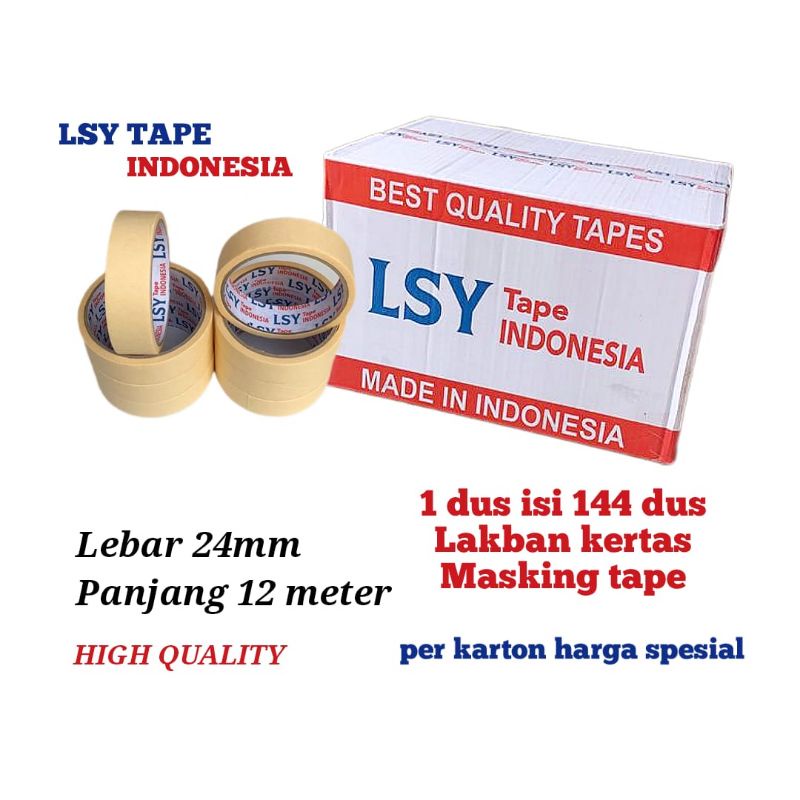 

lakban kertas / masking tape 24mm x 12meter full 1 dus isi 144 roll LSY TAPE ( CBM )