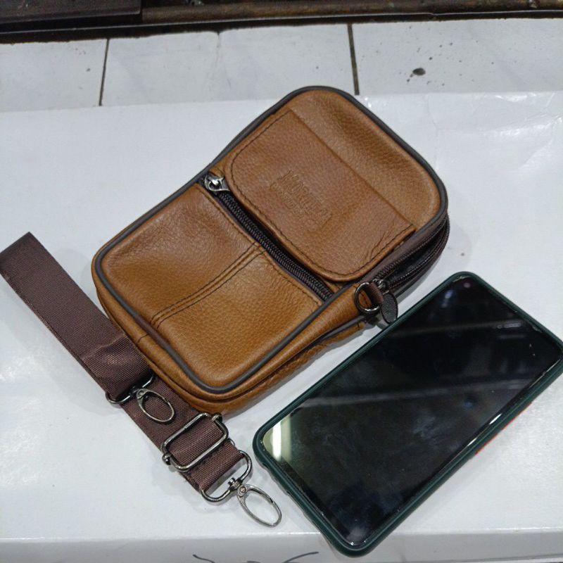 Dompet HP Pinggang &amp; Selendang Kulit 808 || Tas Selempang Kulit Pria