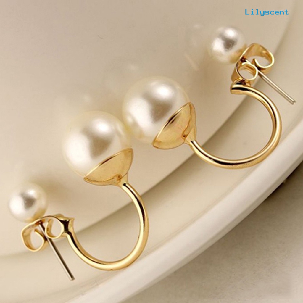 [LS] 1pasang Ear Stud Double Faux Pearl Chic Alloy Fashion Pernikahan Anting Untuk Wanita