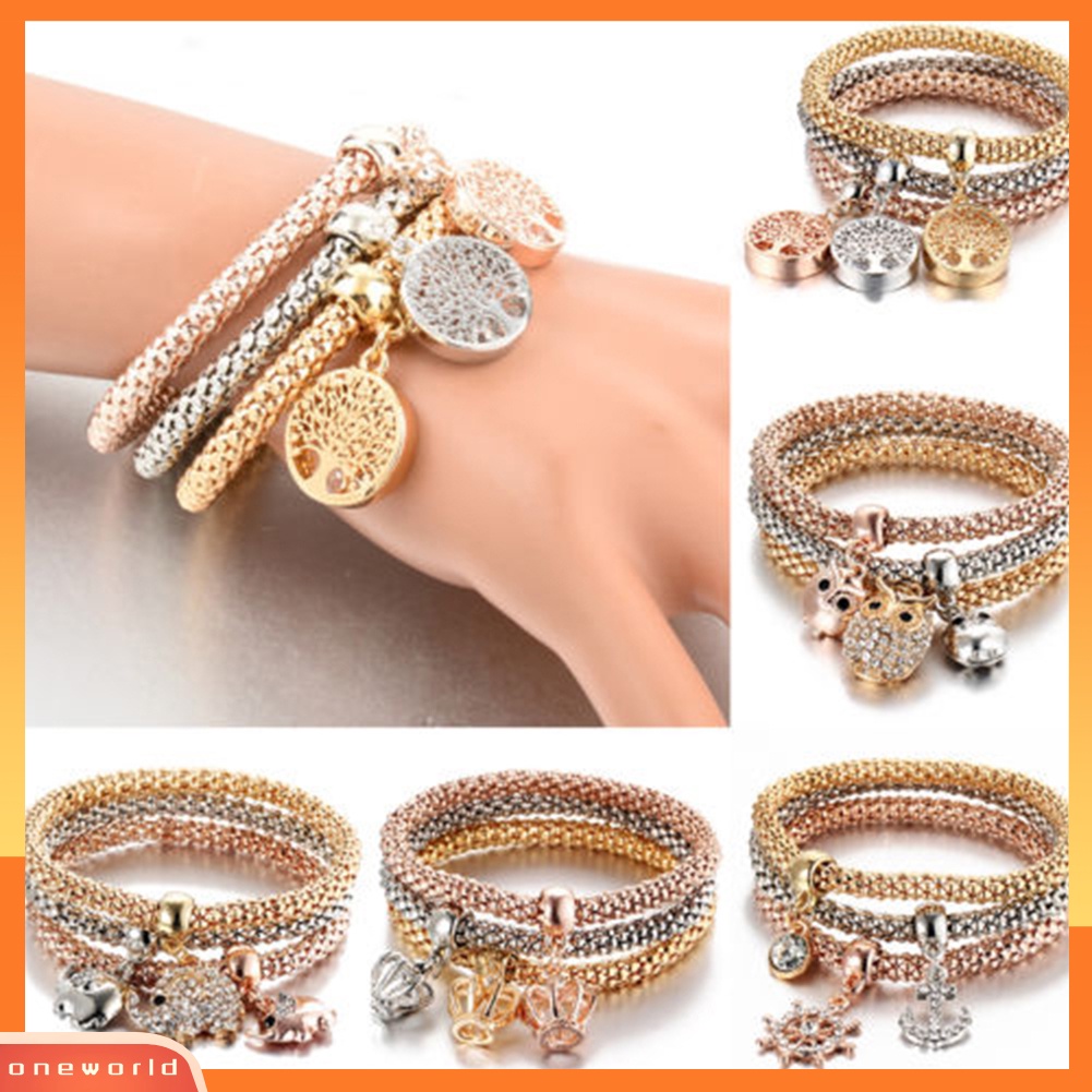 {oneworld} 3 Pcs/Set Wanita Fashion Burung Hantu Pohon Gelang Berlian Imitasi Liontin Bangle Perhiasan Hadiah