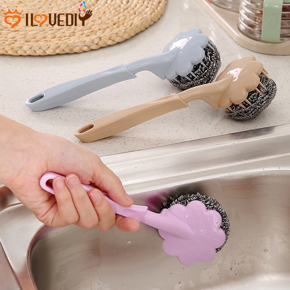 Sikat Pembersih Dapur Sikat Bola Kawat Stainless Gagang Panjang Sikat Pembersih Gantung Mangkok Piring Panci Alat Cuci Rumah Tangga Deep Clean Scrub Brushes