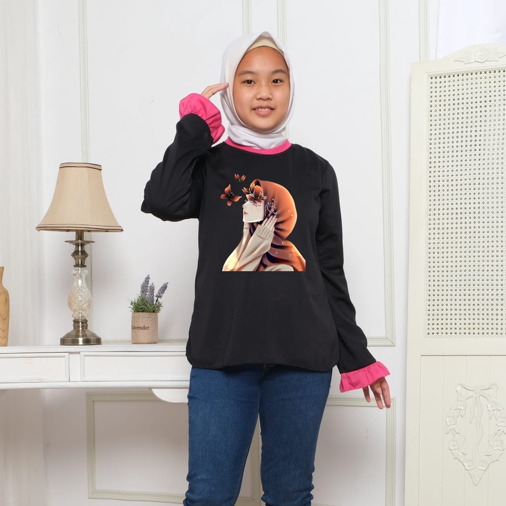 Hzl_outfit Baju Kaos Salman ABG Hijab Lengan Kerut Panjang Fotosu/ Atasan Panjang Fotosu Lengan Kerut
